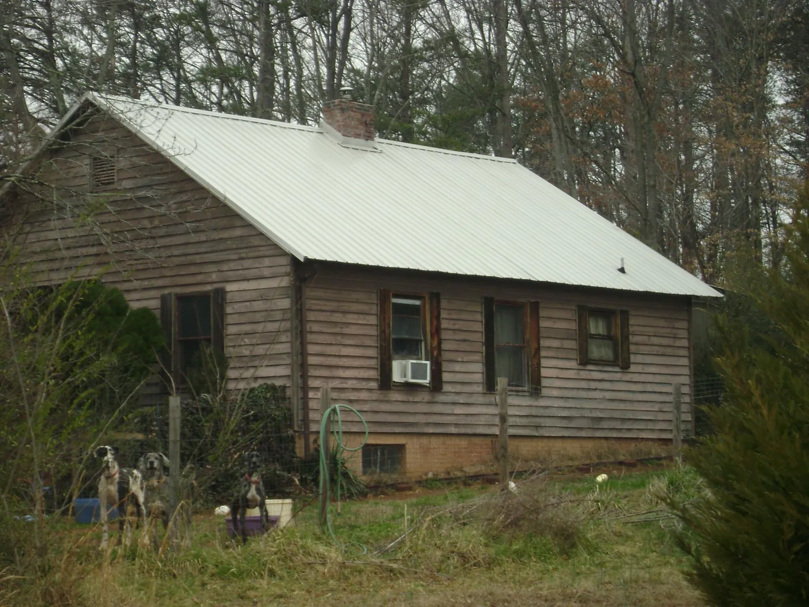 White metal roof on an old wood sided farmhouse, from a Metal Roof Installation job in Chemult